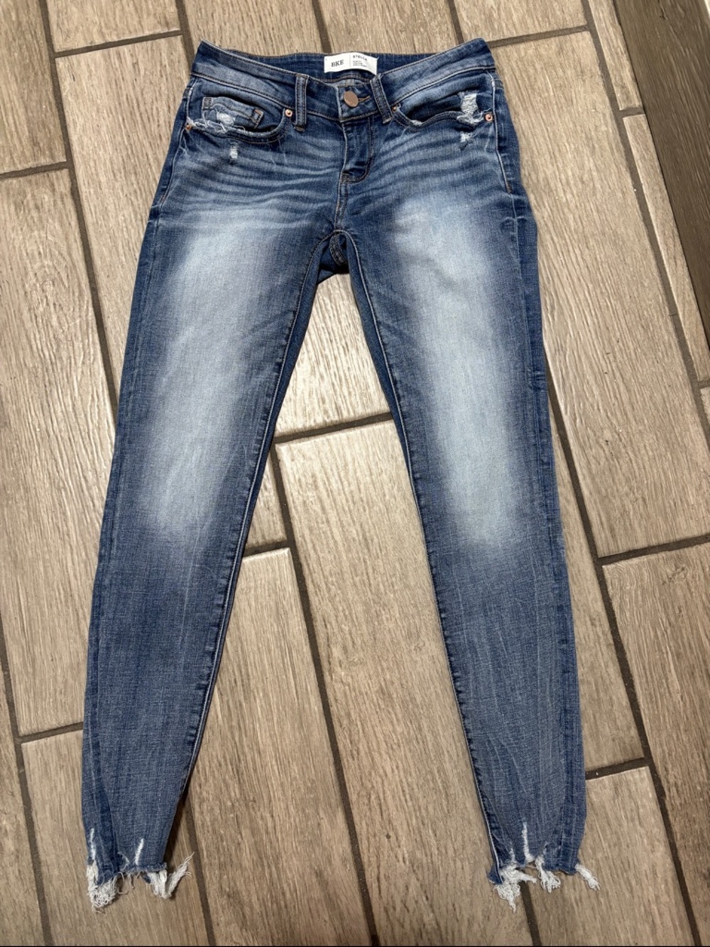 BKE Women's Blue Skinny Jeans with Frayed Ankles
